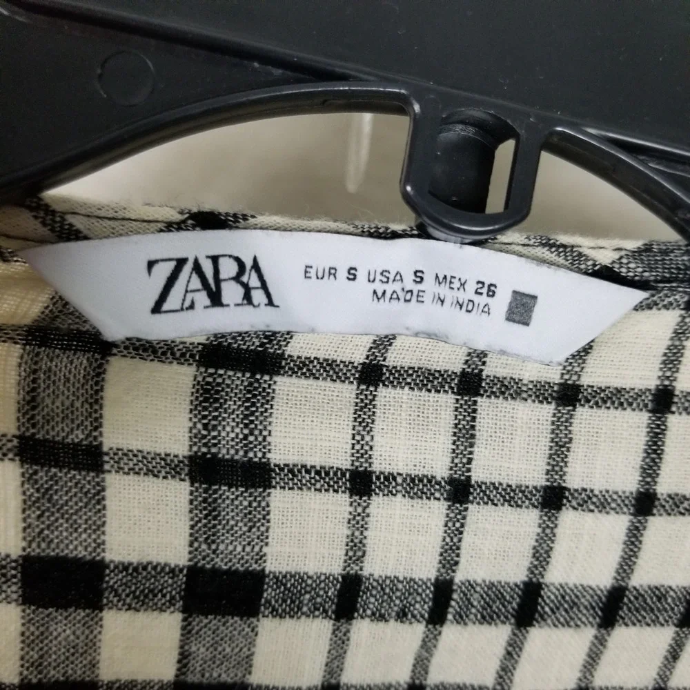 Zara Blouse Women Small Black Gingham Cropped‎ Tie Front Smocked Puff Sleeve
